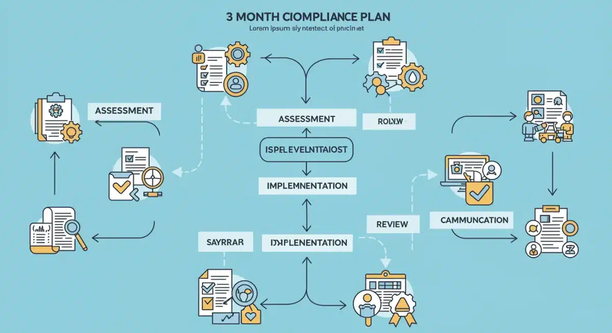 Flowchart depicting a 3-month e-commerce compliance plan with assessment, implementation, and review stages.
