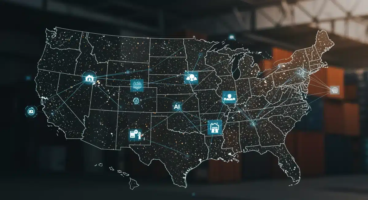 Digital representation of an AI-driven US supply chain network with data flow