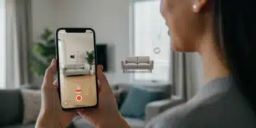 Woman confidently using AR app to visualize furniture in her living room