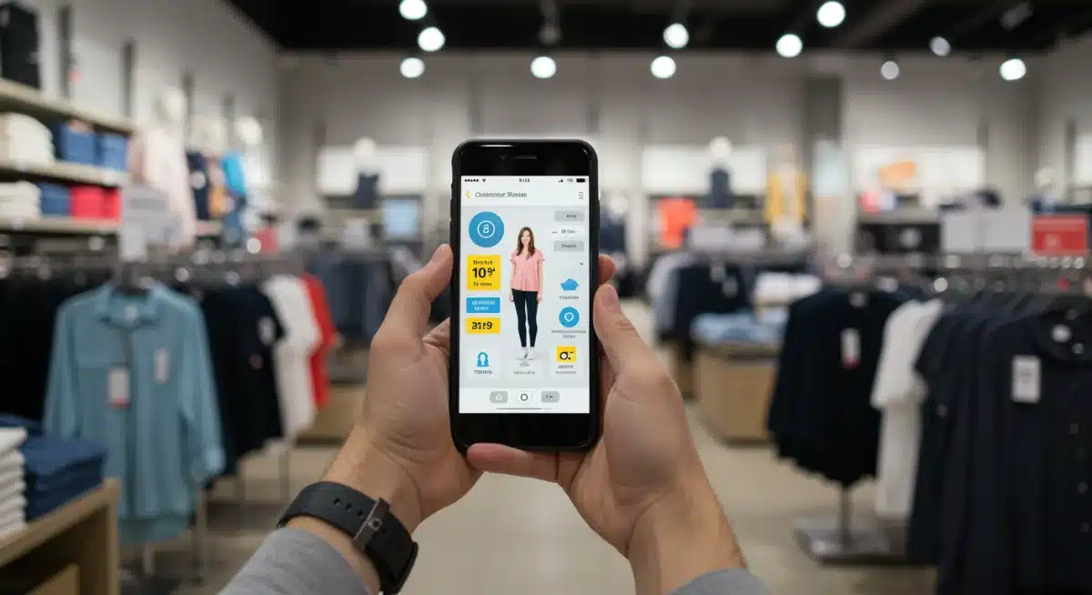 Shopper using AR app for product information and virtual try-on in a retail store