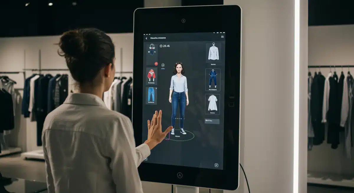 Customer using an augmented reality mirror in a clothing store for virtual try-on