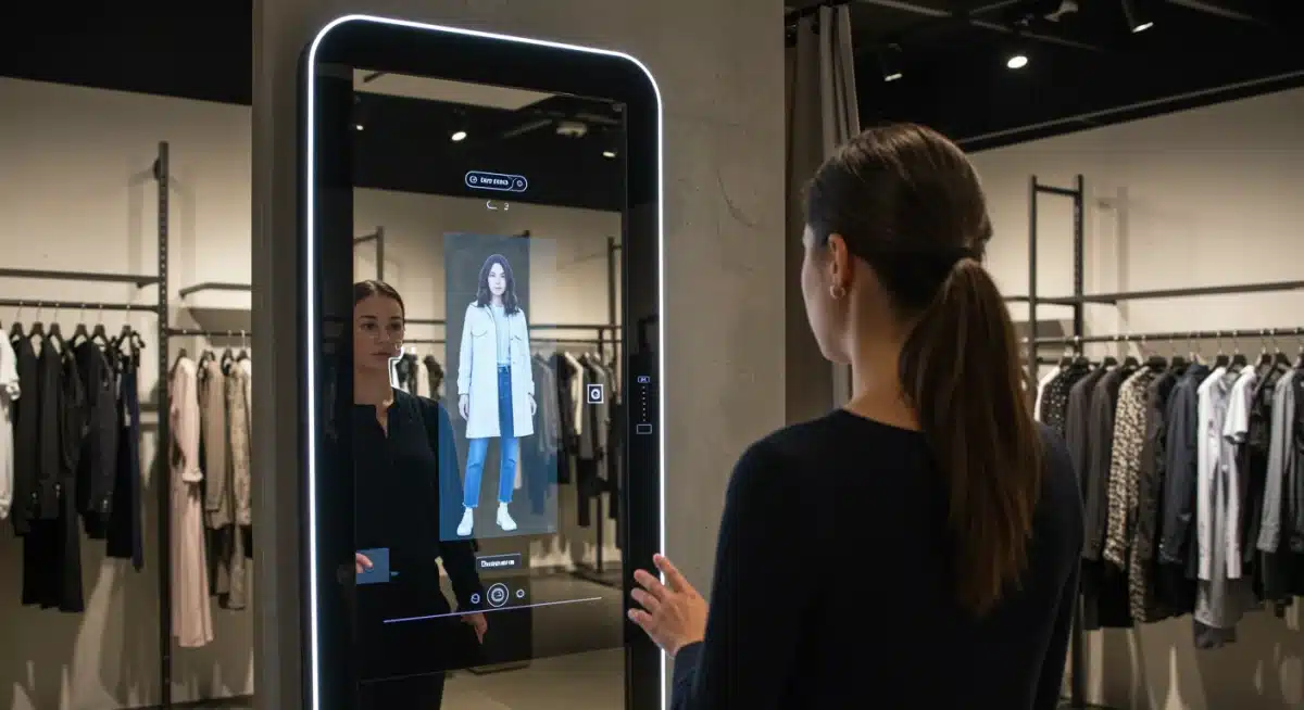 Customer interacting with augmented reality mirror in retail store