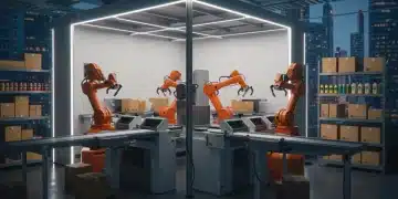 Micro-Fulfillment Centers: 20% Faster Delivery in Urban US by 2025 Automated micro-fulfillment center in a busy US city, robots sorting packages efficiently.