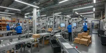 Returns Management: Optimizing Processes for US Retailers Automated returns management system in a modern retail warehouse, optimizing efficiency and reducing costs for US retailers.