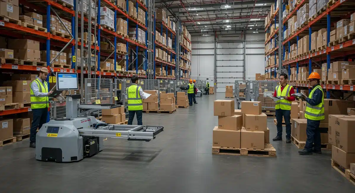 Automated warehouse with robots and human workers streamlining last-mile fulfillment.