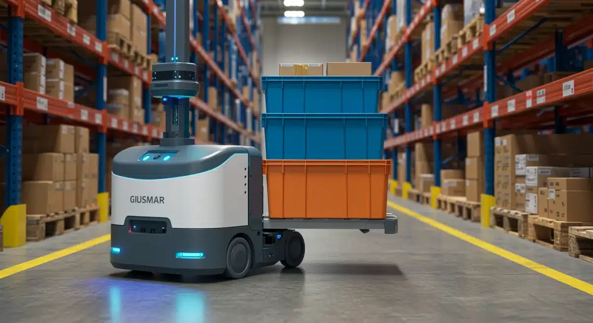 Autonomous mobile robot (AMR) transporting goods in a warehouse aisle.
