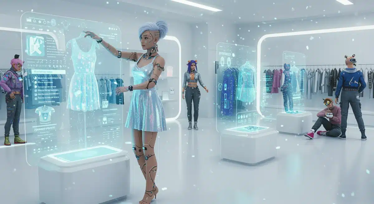 Digital avatar trying virtual clothing in a metaverse boutique.