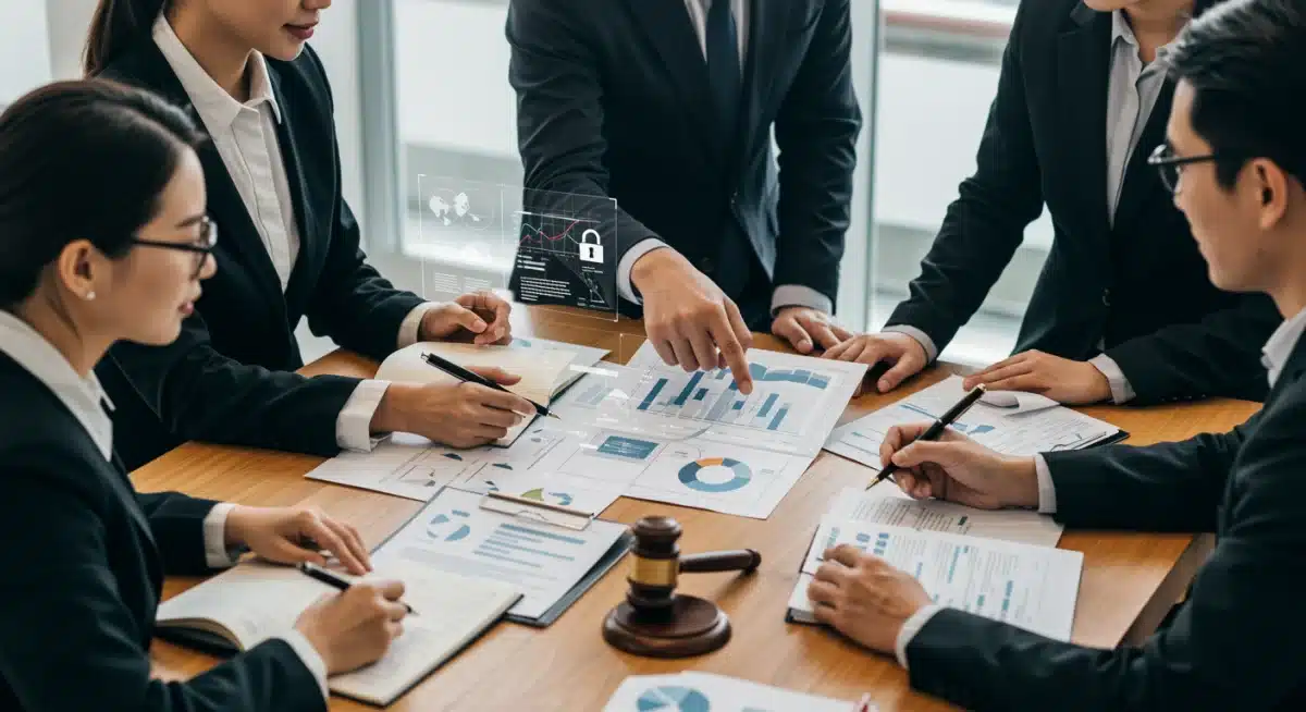 Business professionals discussing legal compliance and trade secret protection in a modern office.