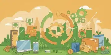 Circular Economy Drives 7% Revenue Growth for US Brands by 2025 Circular economy concept with consumer goods, recycling symbols, and upward revenue growth arrow for US brands by 2025.