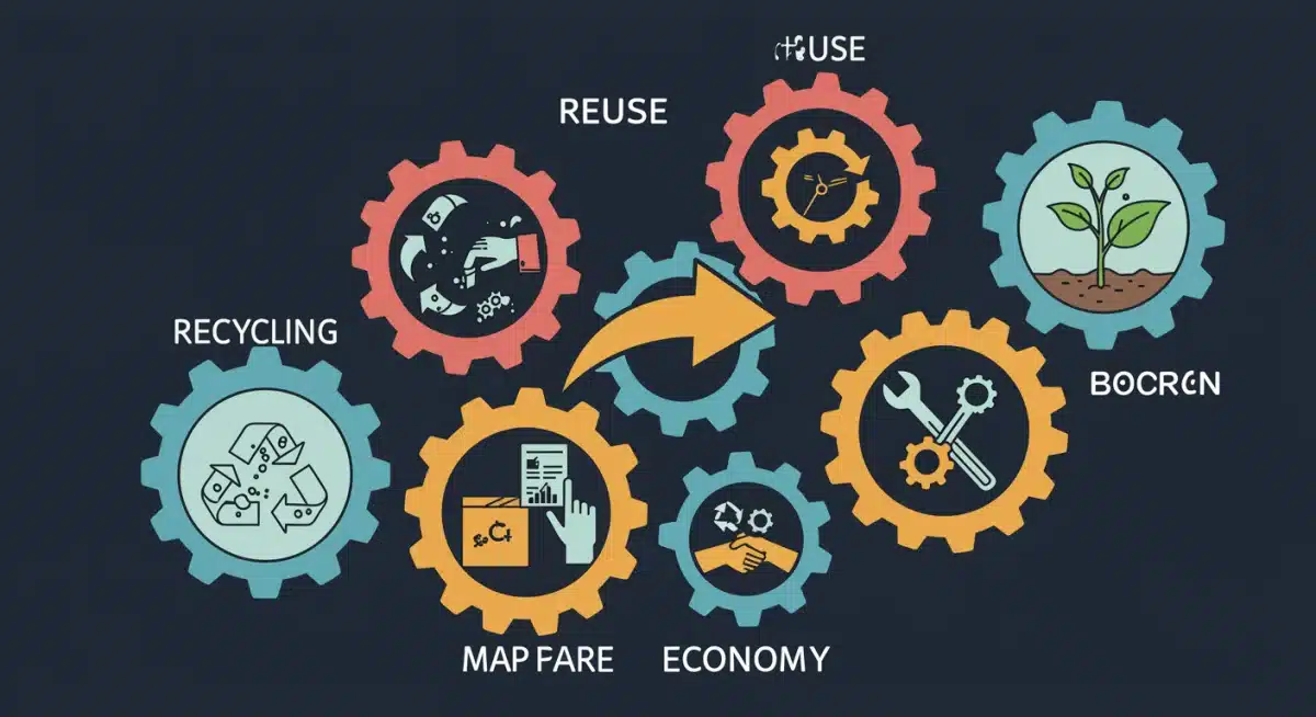 Circular economy model with gears for recycling, reuse, and sustainable sourcing