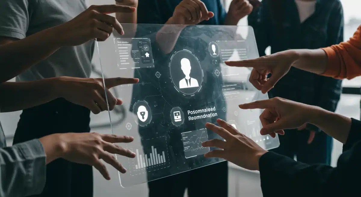 Consumers interacting with transparent AI-powered personalized shopping recommendations with data privacy icons.