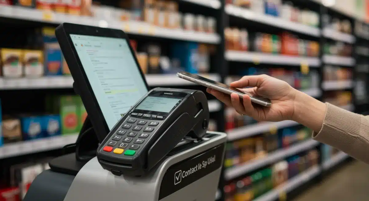 Customer making a contactless mobile payment in a sleek US retail store