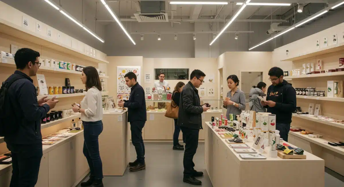 Customers interacting with products inside a modern pop-up store