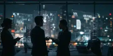 Business professionals analyzing new data privacy laws for 2025