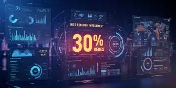 Futuristic digital marketing dashboard showing ROI growth and data analytics
