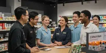 Diverse retail team smiling, engaging with customers in a modern store setting.