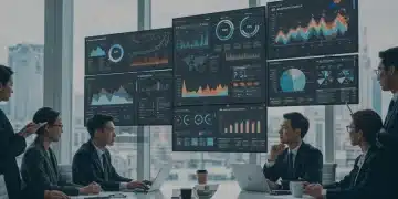 Dynamic BI dashboard on screens, team analyzing data for US commerce decisions