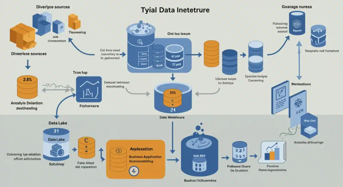 Enterprise data flow illustrating ingestion and processing for data lakes and data warehouses.