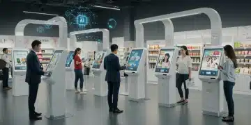 Futuristic retail store with ethical AI guiding customer interactions and personalized shopping experiences.