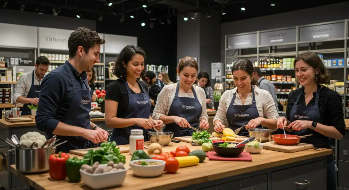 Consumers enjoying an interactive cooking class in a retail setting