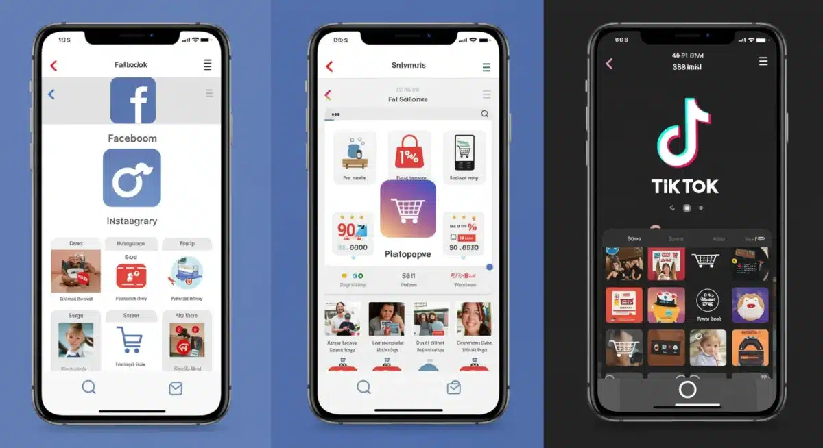 User interfaces of Facebook, Instagram, and TikTok showcasing integrated shopping features
