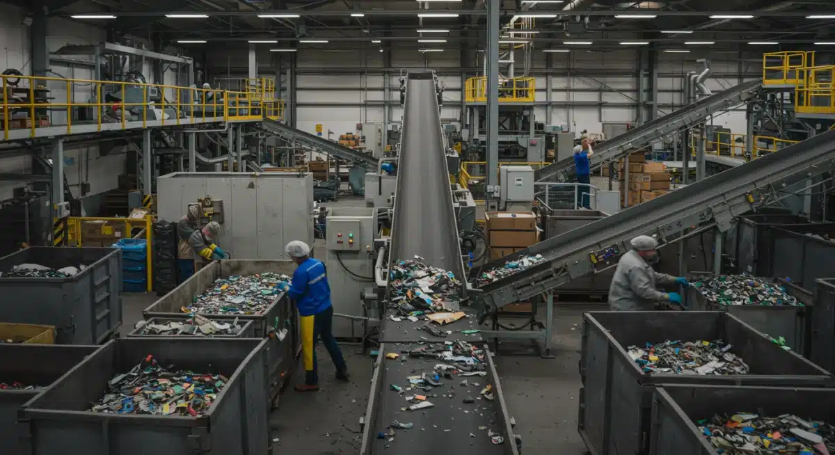 Workers actively sorting materials for recycling and reuse in a modern factory setting.