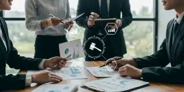 Business team reviewing new federal advertising disclosure requirements on screens and documents, planning compliance strategy for 2025.