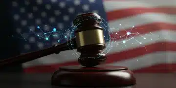 Federal gavel on digital network grid, symbolizing the 2025 Digital Services Act's impact on content moderation.