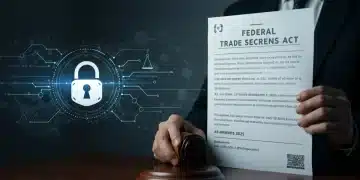 Stylized legal document with '2025 Federal Trade Secrets Act Amendments' and a digital lock, symbolizing IP protection.