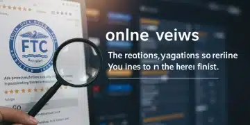 FTC guidelines document with magnifying glass over online review text