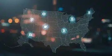 Futuristic decentralized marketplace interface impacting US e-commerce.