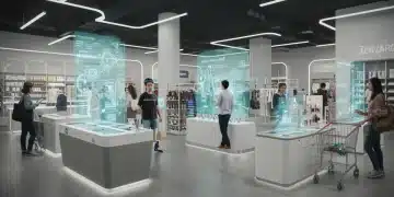 Futuristic retail space with interactive displays and engaged shoppers