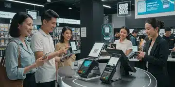 Futuristic retail checkout with contactless and biometric payment options