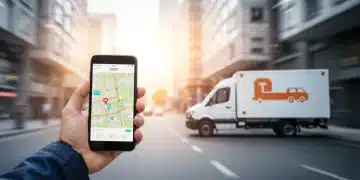 Gig economy delivery driver checking smartphone app for last-mile route optimization.