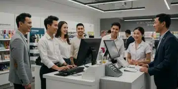 Happy customers in a modern retail store, receiving personalized service.