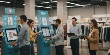 Happy customers engaging with innovative retail technology for enhanced service