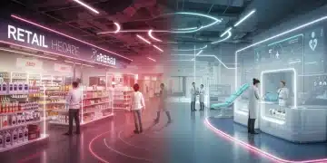 Integrated retail and healthcare environment with digital health displays and diverse consumers.