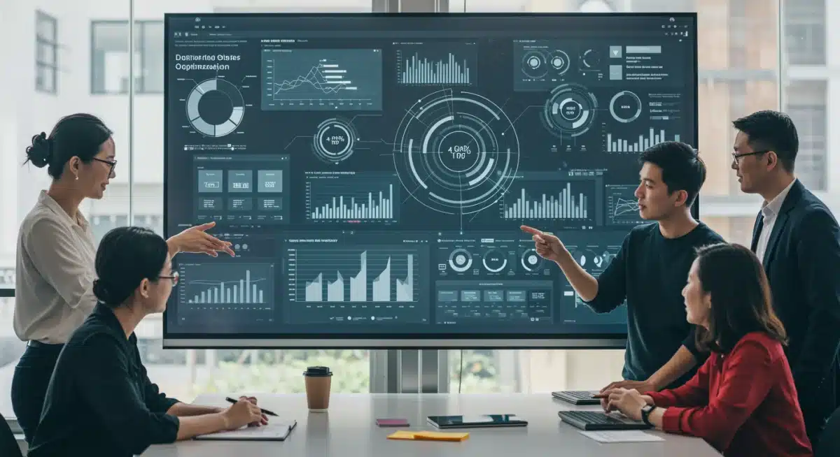 Marketing team analyzing data analytics models for campaign optimization