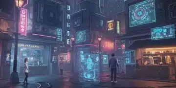 Futuristic metaverse city with digital storefronts and interacting avatars, representing the future of commerce.