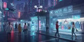 Futuristic cityscape with holographic storefronts and digital avatars in a metaverse retail environment.