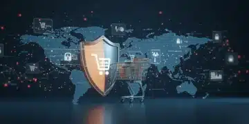 ML for E-commerce Fraud: 18% US Loss Reduction by Q4 2025 Machine learning algorithms protecting e-commerce transactions from fraud, digital security shield over shopping cart.