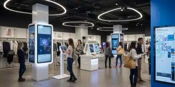 Modern retail store with customers engaging with interactive digital displays and smart technology