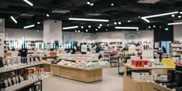 Modern retail store with digital data overlays, symbolizing data-driven merchandising efficiency.