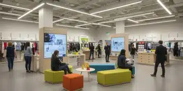 Modern retail store interior with interactive displays and engaged customers