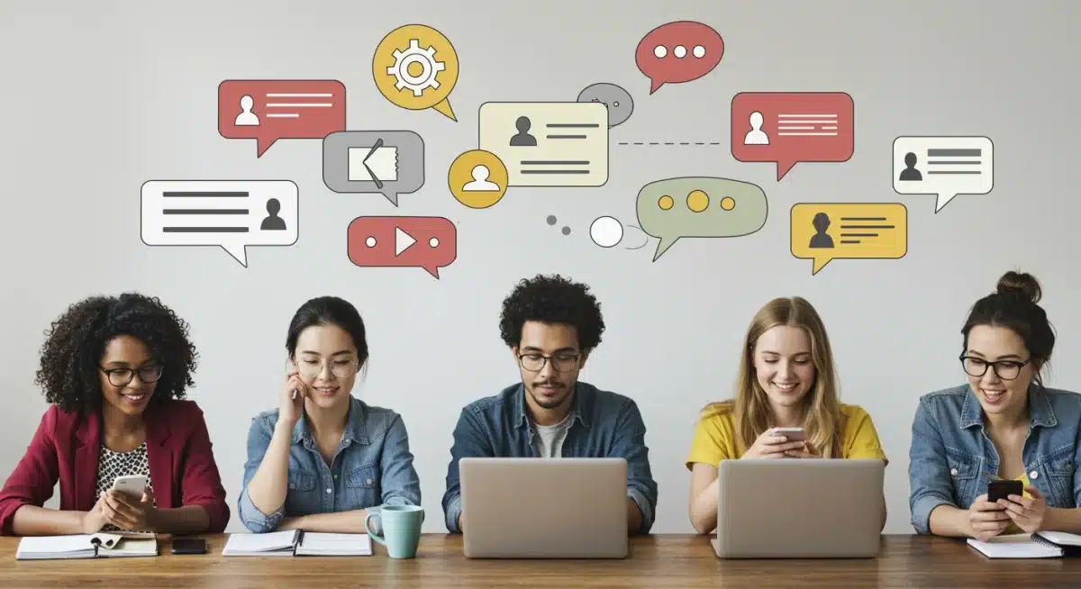 Diverse group discussing online content, symbolizing the challenges of digital moderation.