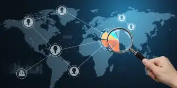 Digital network with data points, magnifying glass, and US map for personalization at scale.