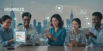 Futuristic e-commerce interface showing personalized recommendations and data analytics, representing scalable personalized marketing.