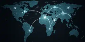 Digital visualization of real-time data optimizing a global supply chain network, showing interconnected nodes and data flow.