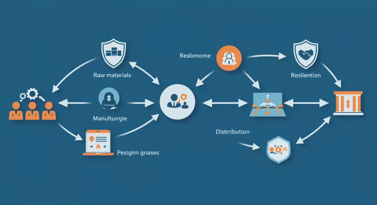 Diagram showing a resilient supply chain with interconnected nodes and protective shields