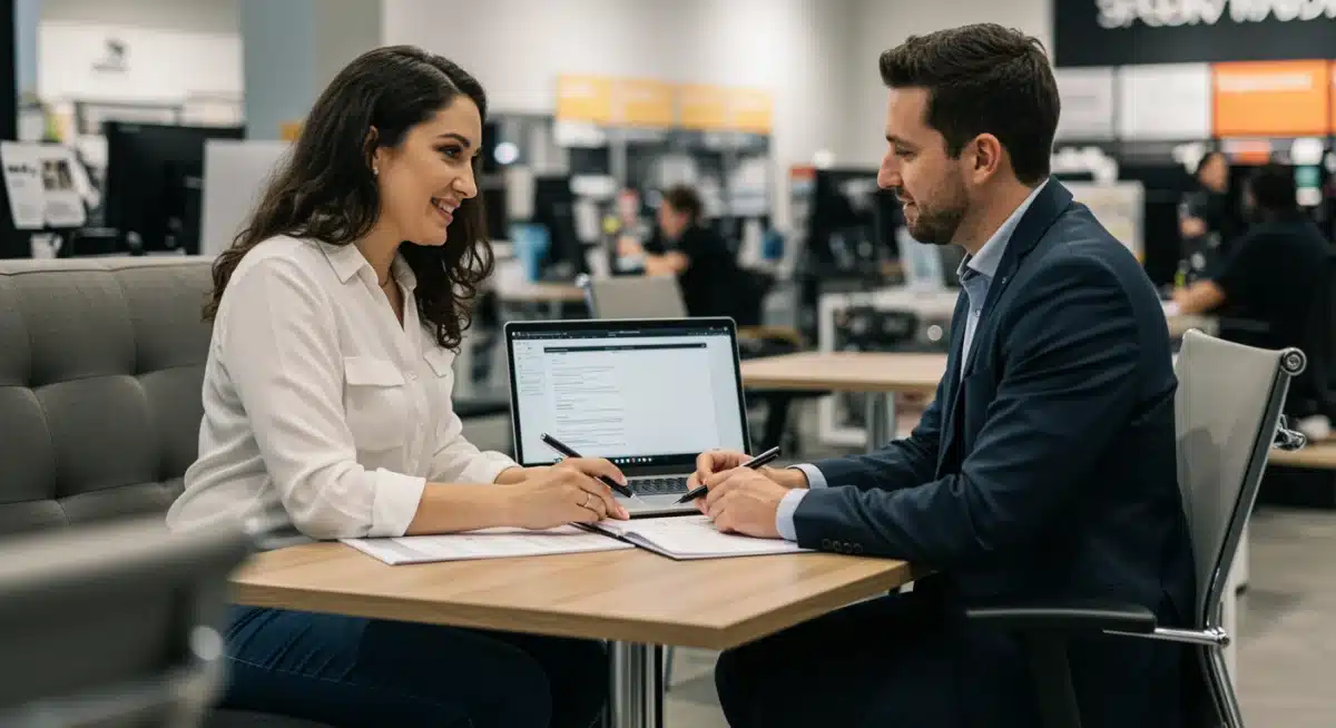 Retail manager and employee discussing performance and career development.